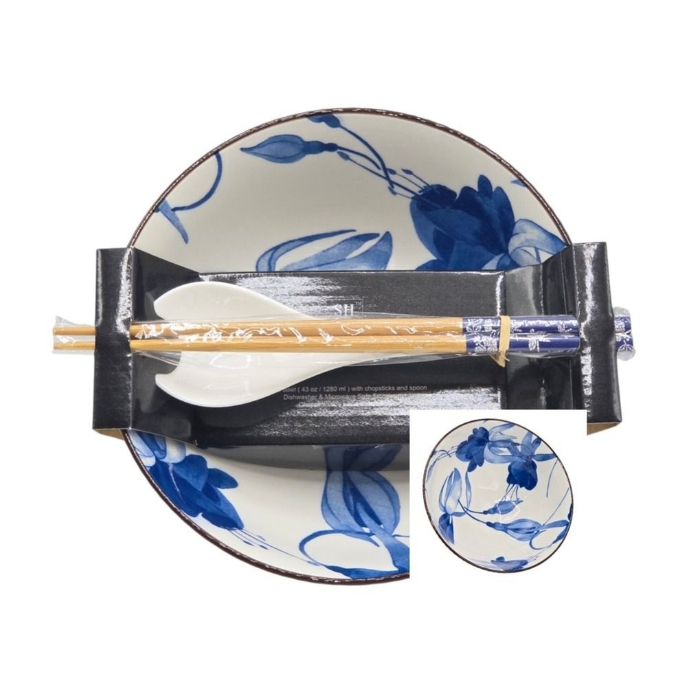 SH Home Blue Fuchsia Floral Ceramic Ramen Noodle Bowl Set 43oz Chopsticks Spoon